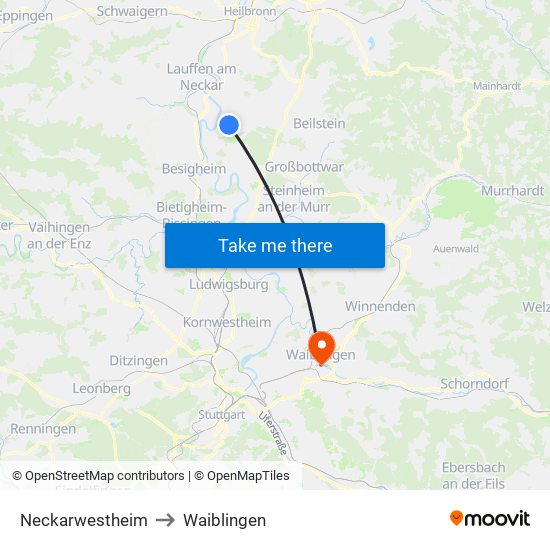 Neckarwestheim to Waiblingen map