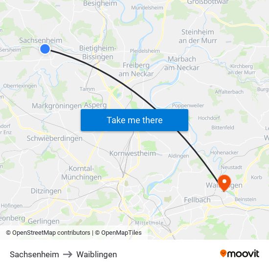 Sachsenheim to Waiblingen map