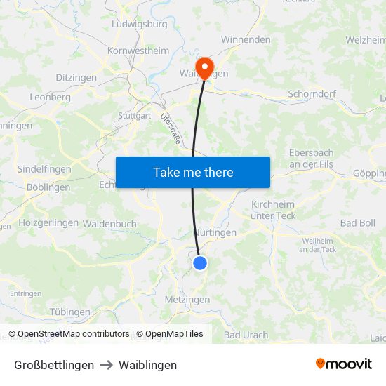 Großbettlingen to Waiblingen map