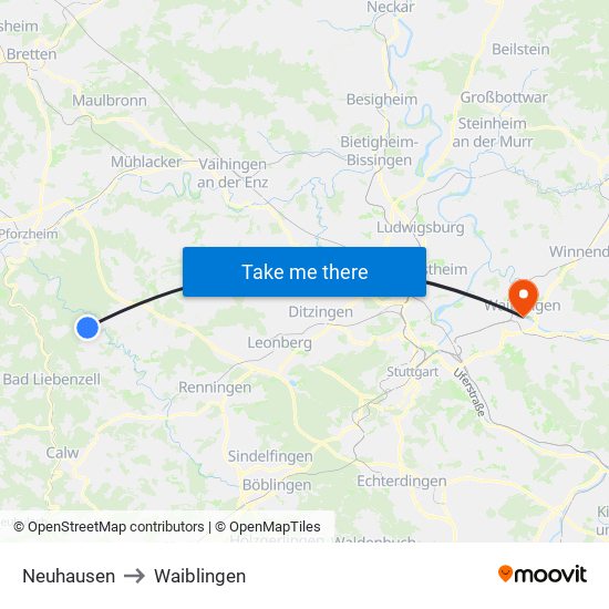 Neuhausen to Waiblingen map