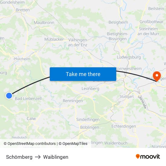 Schömberg to Waiblingen map