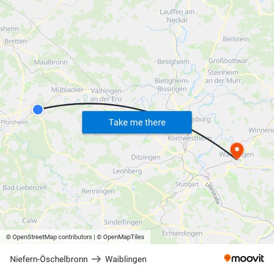 Niefern-Öschelbronn to Waiblingen map