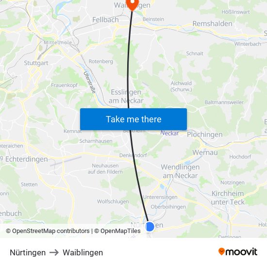 Nürtingen to Waiblingen map