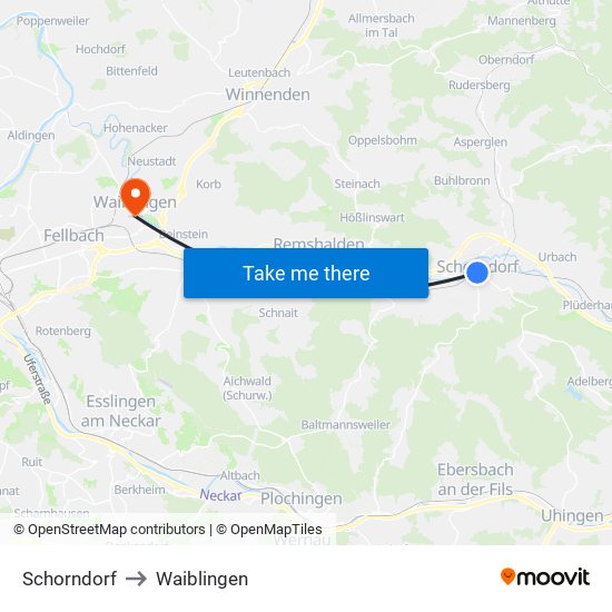 Schorndorf to Waiblingen map