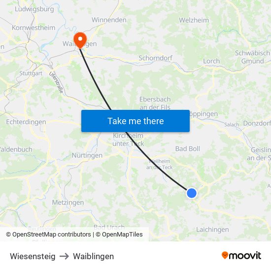 Wiesensteig to Waiblingen map