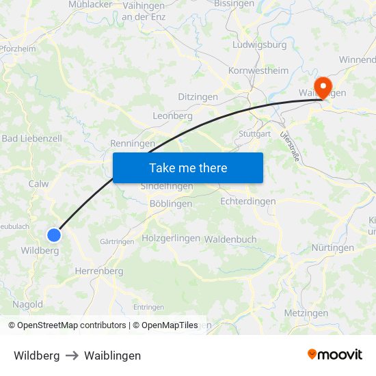 Wildberg to Waiblingen map