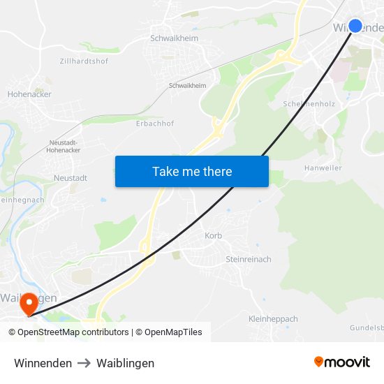 Winnenden to Waiblingen map