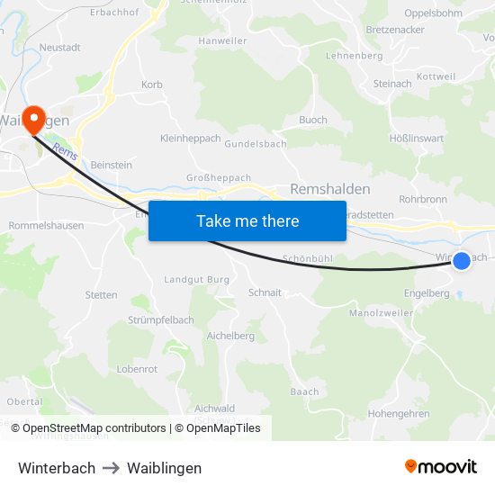 Winterbach to Waiblingen map