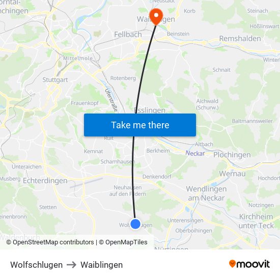 Wolfschlugen to Waiblingen map
