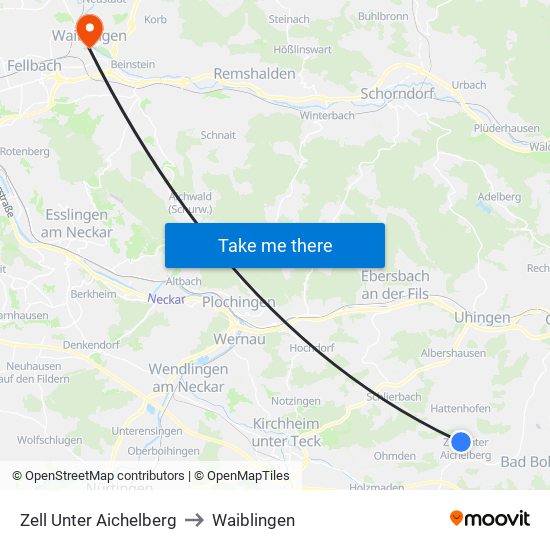 Zell Unter Aichelberg to Waiblingen map