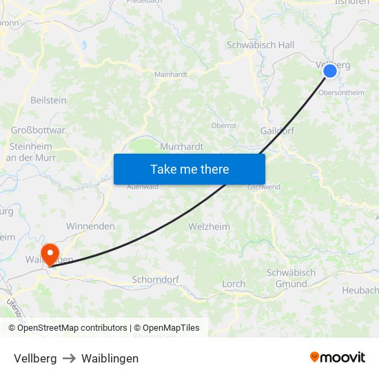 Vellberg to Waiblingen map