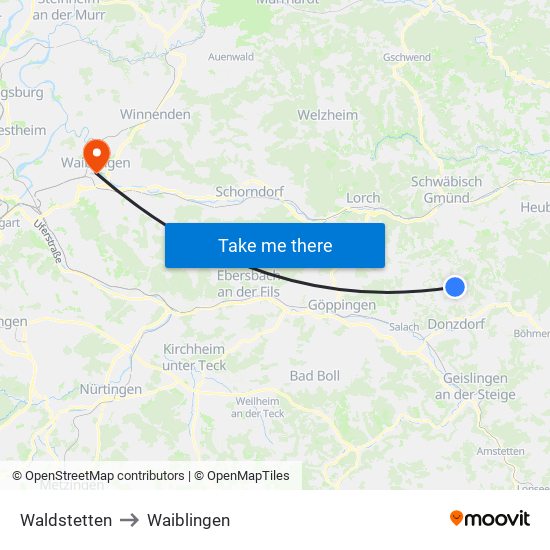 Waldstetten to Waiblingen map