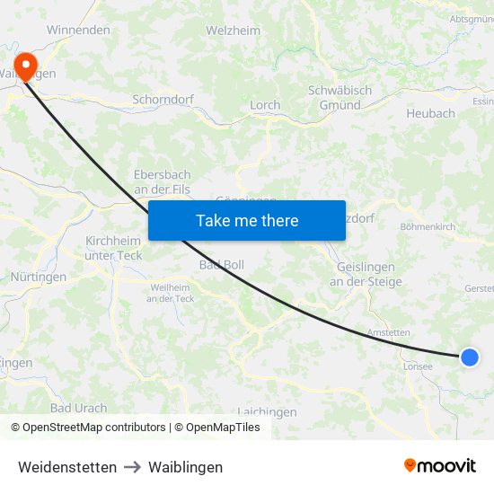 Weidenstetten to Waiblingen map