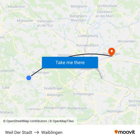 Weil Der Stadt to Waiblingen map