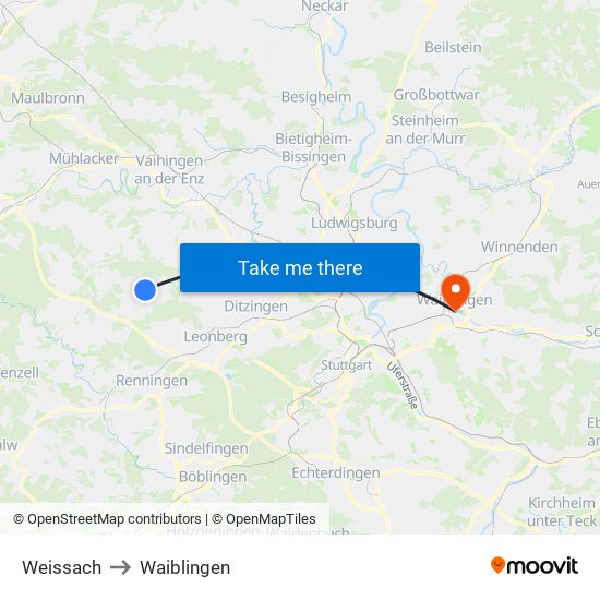 Weissach to Waiblingen map