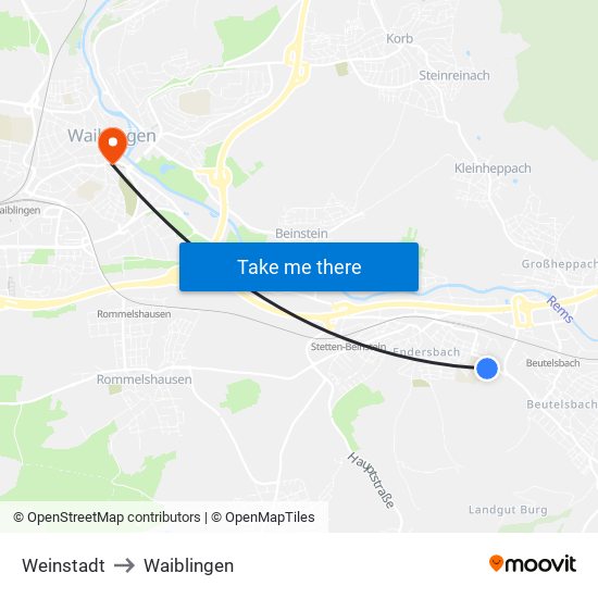 Weinstadt to Waiblingen map