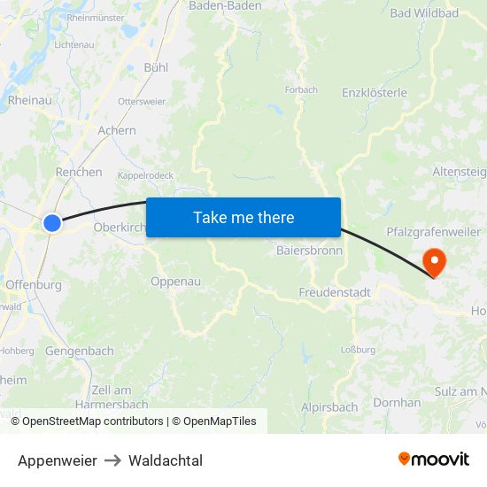 Appenweier to Waldachtal map