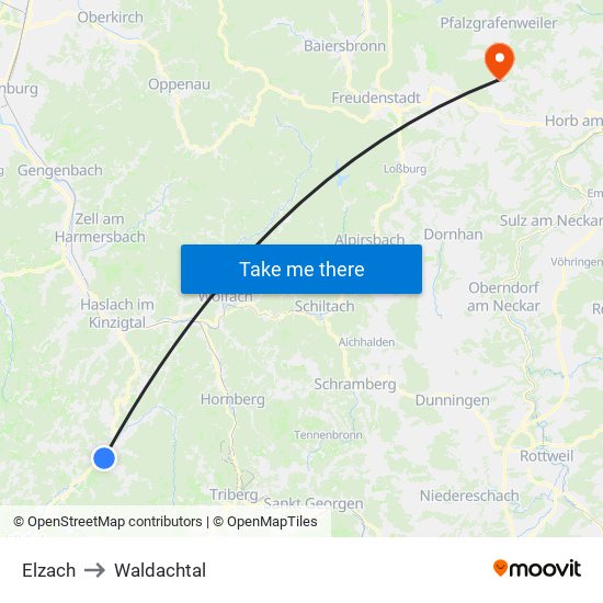 Elzach to Waldachtal map