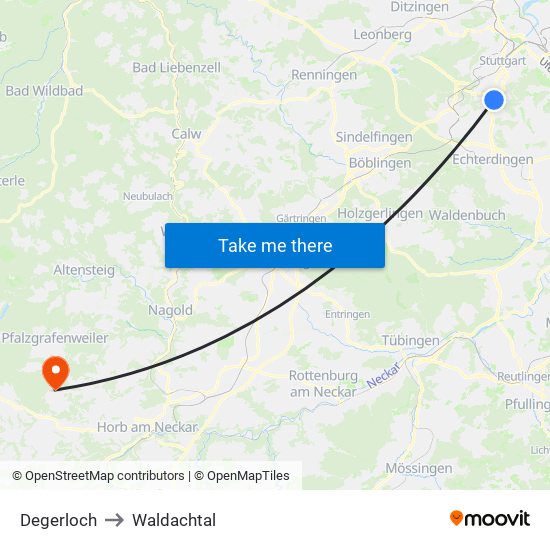 Degerloch to Waldachtal map