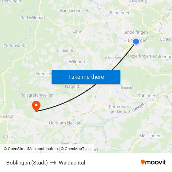 Böblingen (Stadt) to Waldachtal map