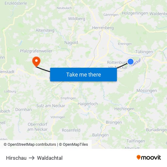 Hirschau to Waldachtal map