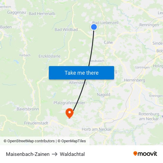 Maisenbach-Zainen to Waldachtal map