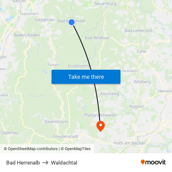 Bad Herrenalb to Waldachtal map