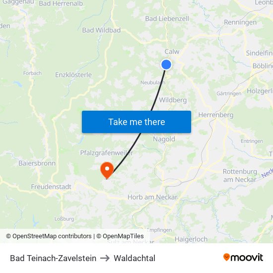 Bad Teinach-Zavelstein to Waldachtal map