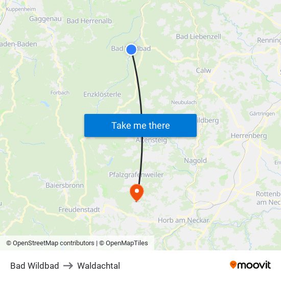 Bad Wildbad to Waldachtal map