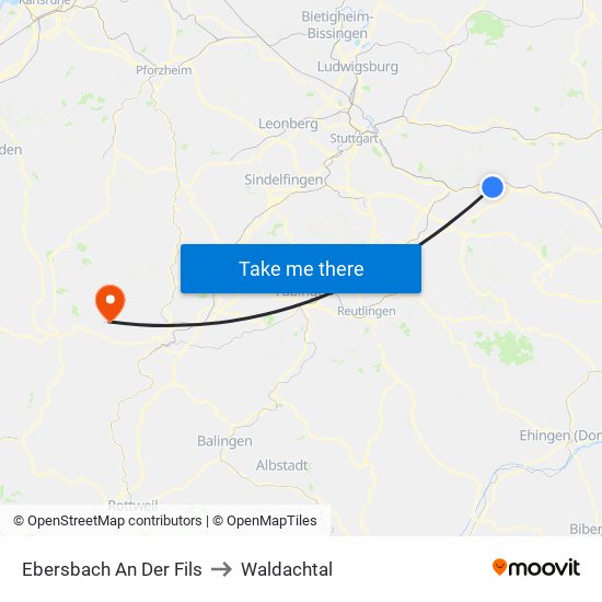 Ebersbach An Der Fils to Waldachtal map