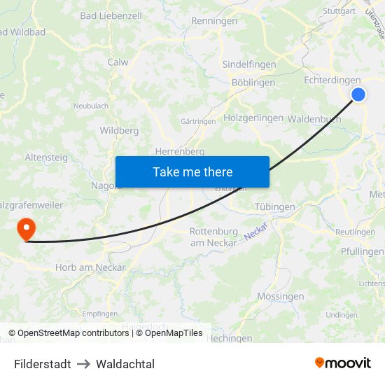 Filderstadt to Waldachtal map