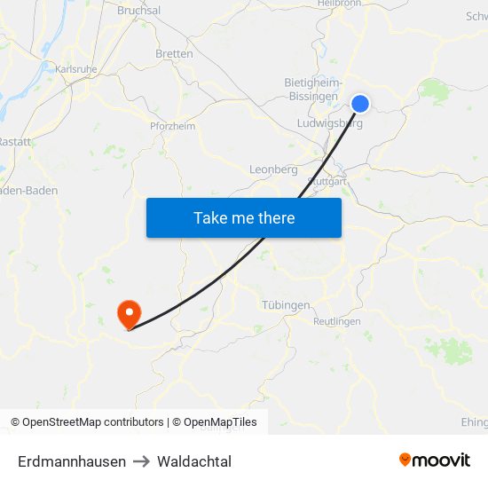 Erdmannhausen to Waldachtal map