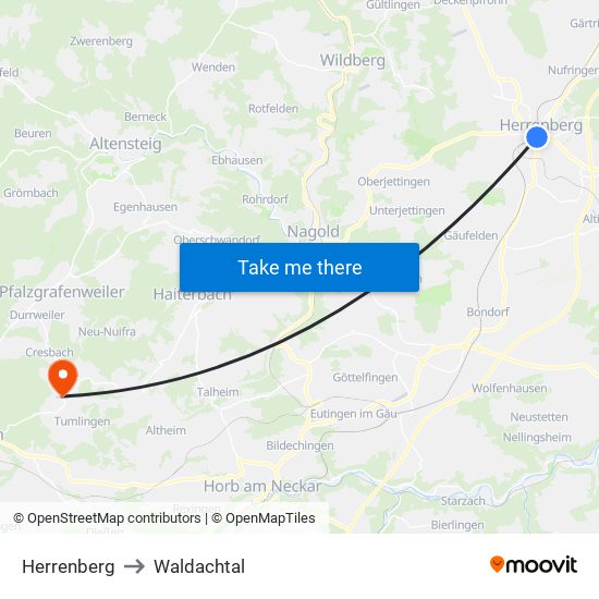 Herrenberg to Waldachtal map