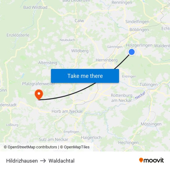 Hildrizhausen to Waldachtal map