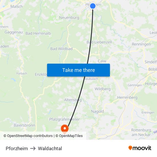 Pforzheim to Waldachtal map