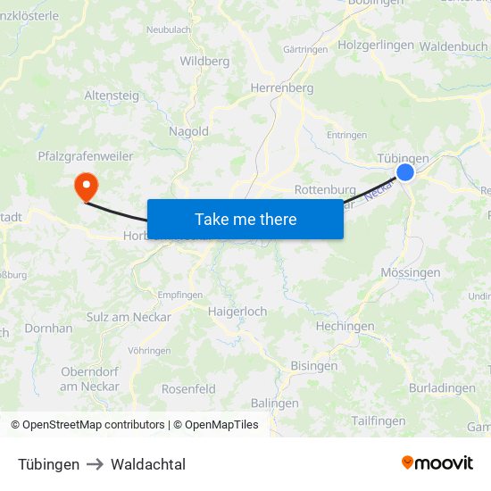 Tübingen to Waldachtal map