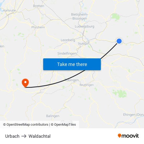 Urbach to Waldachtal map