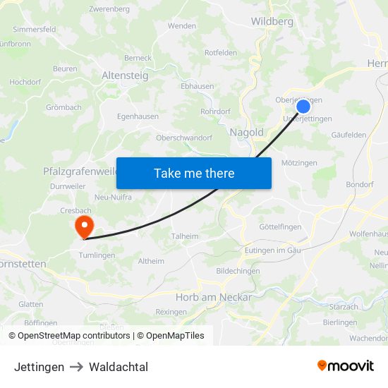 Jettingen to Waldachtal map