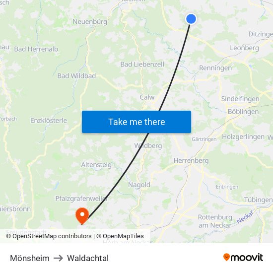 Mönsheim to Waldachtal map