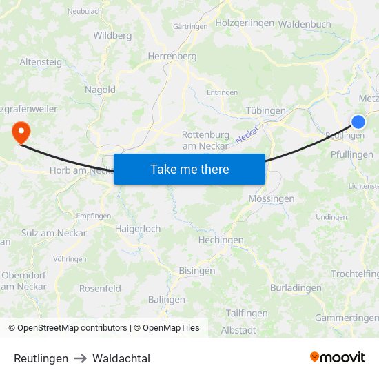Reutlingen to Waldachtal map