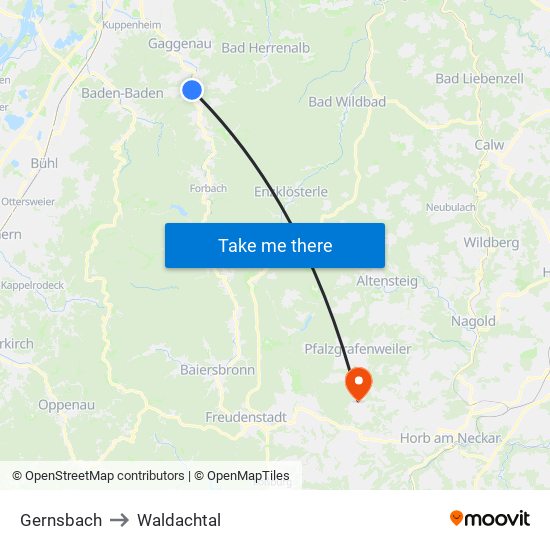 Gernsbach to Waldachtal map