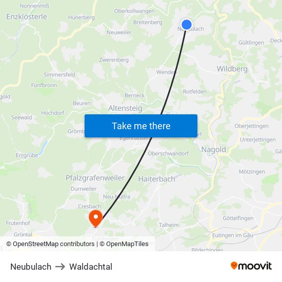 Neubulach to Waldachtal map