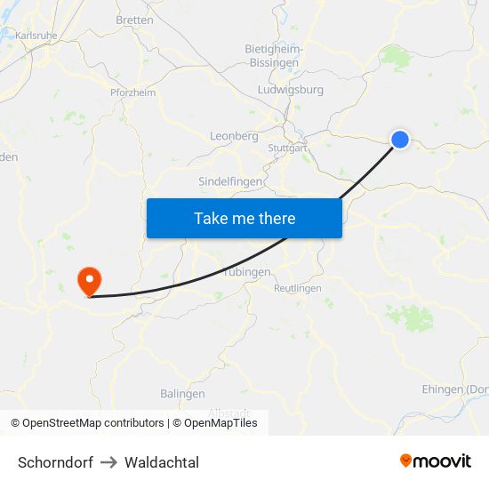 Schorndorf to Waldachtal map