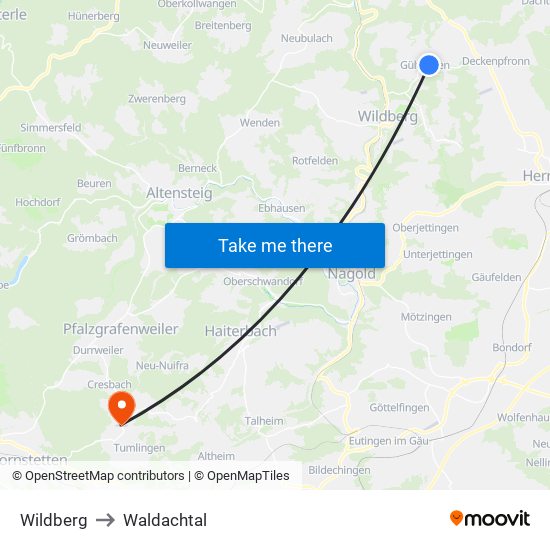 Wildberg to Waldachtal map