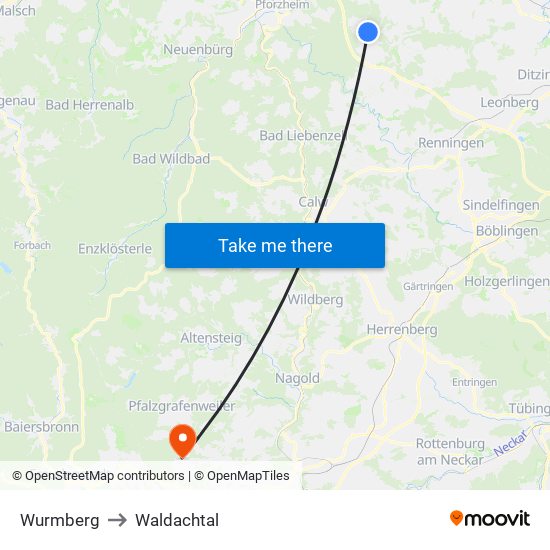 Wurmberg to Waldachtal map