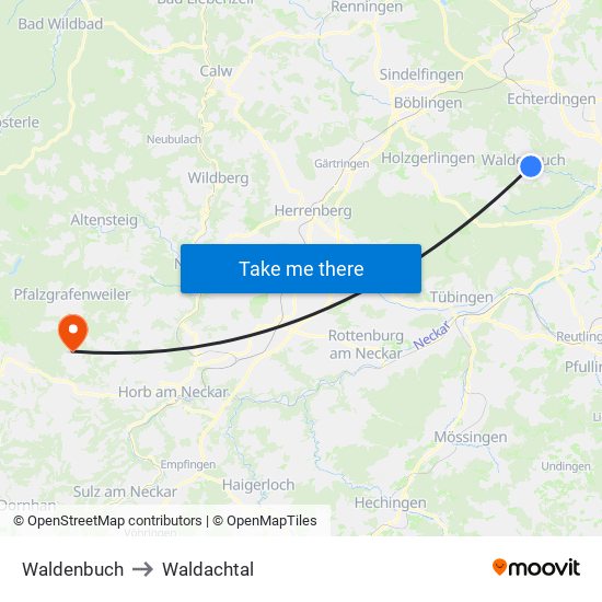 Waldenbuch to Waldachtal map