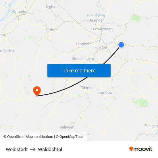 Weinstadt to Waldachtal map