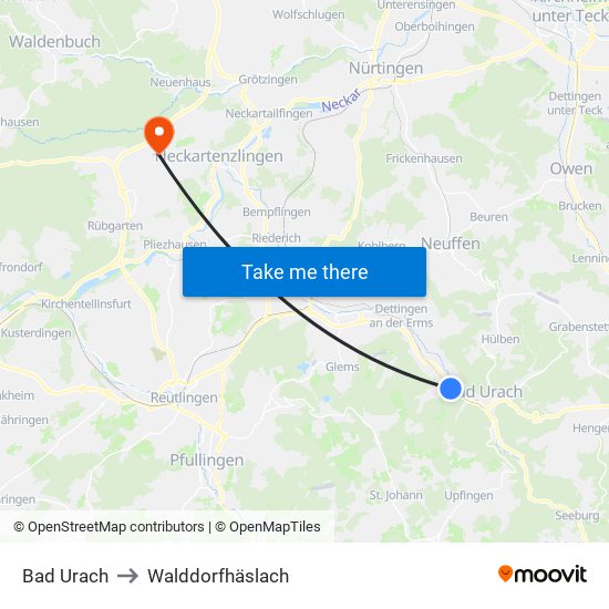 Bad Urach to Walddorfhäslach map