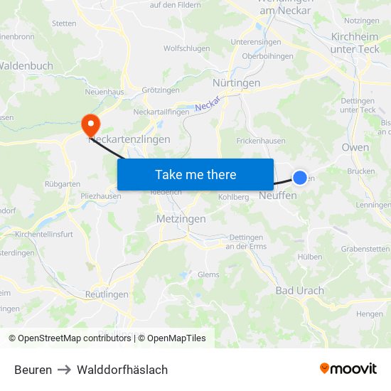 Beuren to Walddorfhäslach map