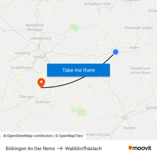 Böbingen An Der Rems to Walddorfhäslach map